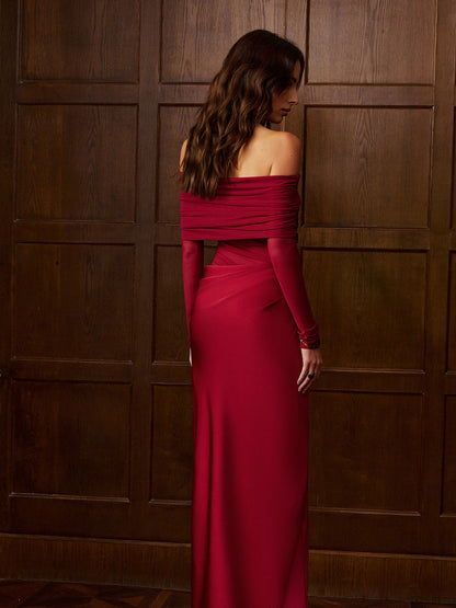 Omuzları Açık Kırışık Saten Panel Elbise