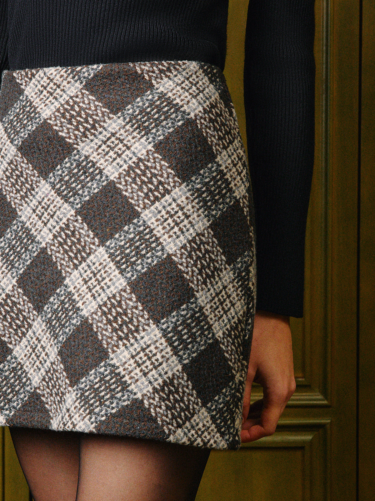 Orta Bel Kareli Fermuarlı Mini Etek