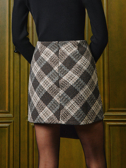 Orta Bel Kareli Fermuarlı Mini Etek