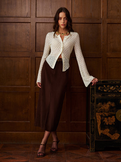 Yarı Şeffaf Çan Kol Düğmeli İnce Bluz