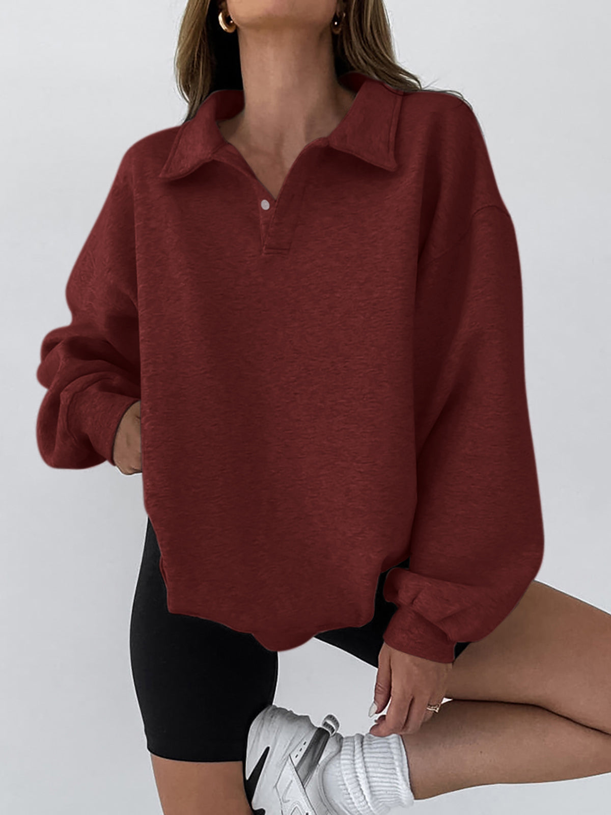 Minimalist Düz Polo Sweatshirt