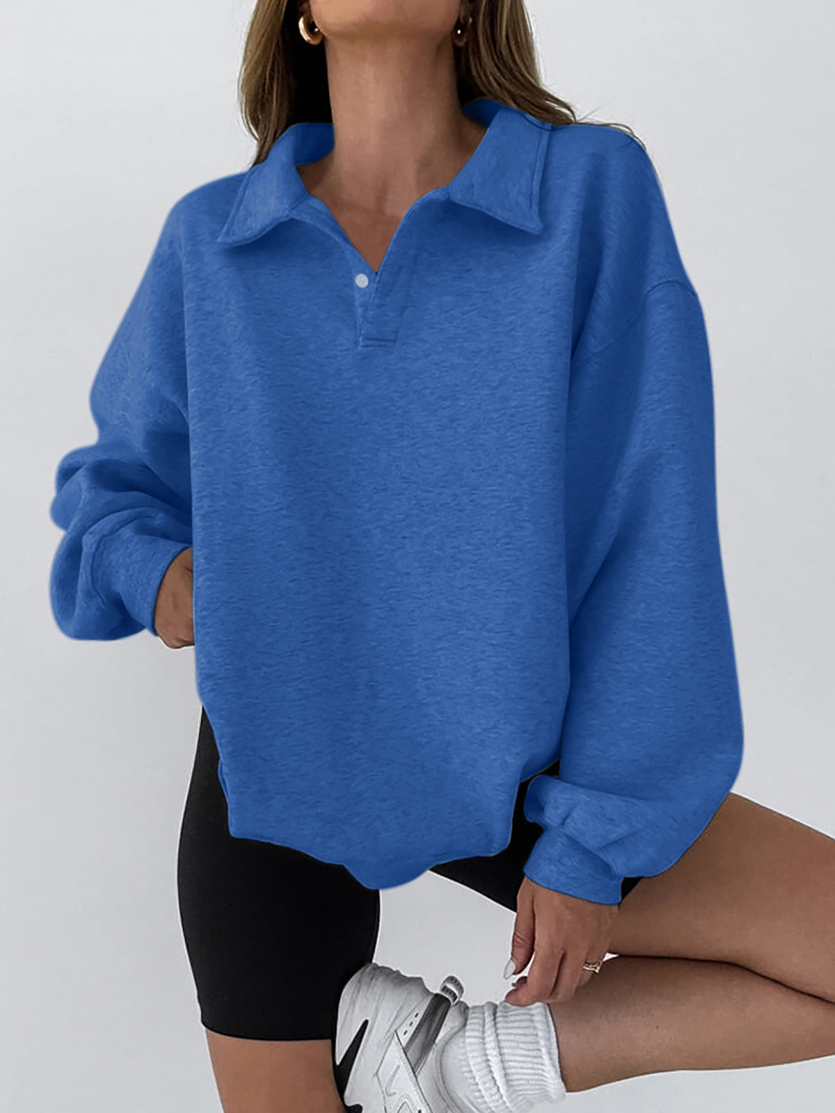 Minimalist Düz Polo Sweatshirt