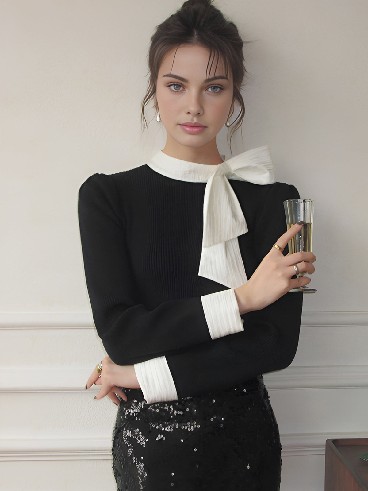 Renk Bloklu Fiyonklu Örgü Üst