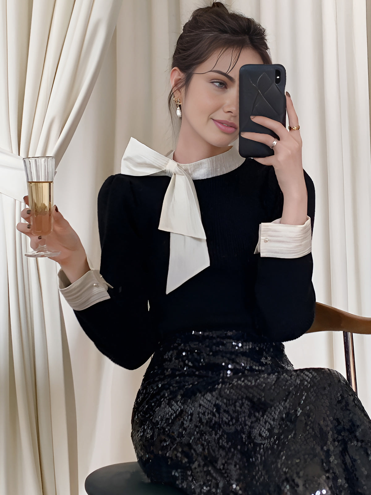 Renk Bloklu Fiyonklu Örgü Üst