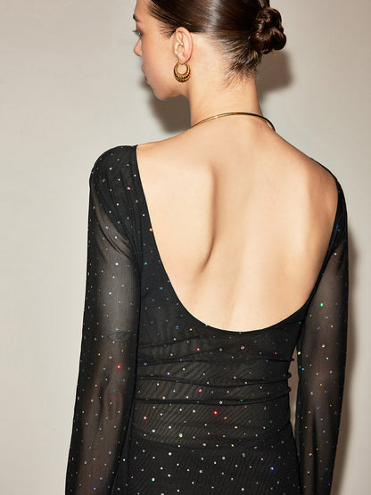 Sırtı Açık Polka Dot Yarı Şeffaf File Elbise