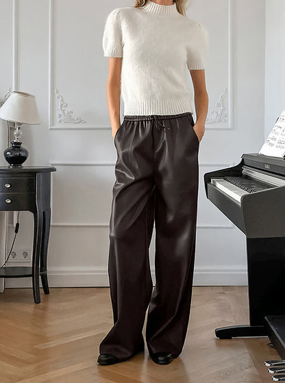 Elastik Bel Bağcıklı Suni Deri Pantolon