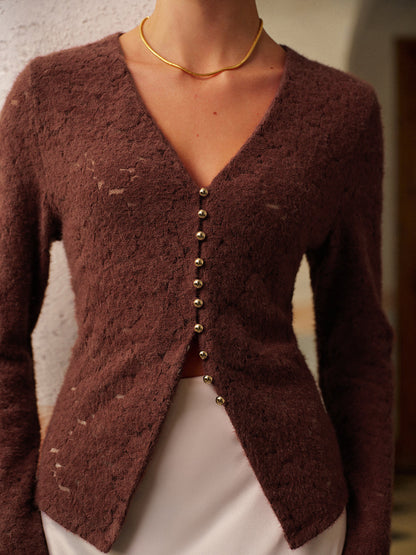 Yarı Şeffaf V Yakalı Dantel Bluz