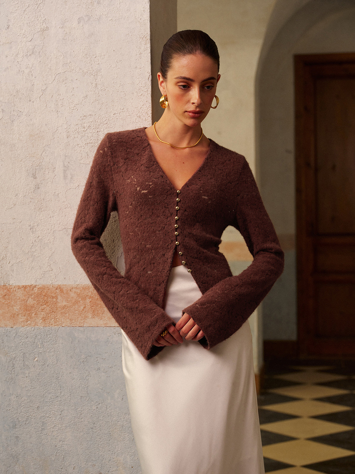 Yarı Şeffaf V Yakalı Dantel Bluz