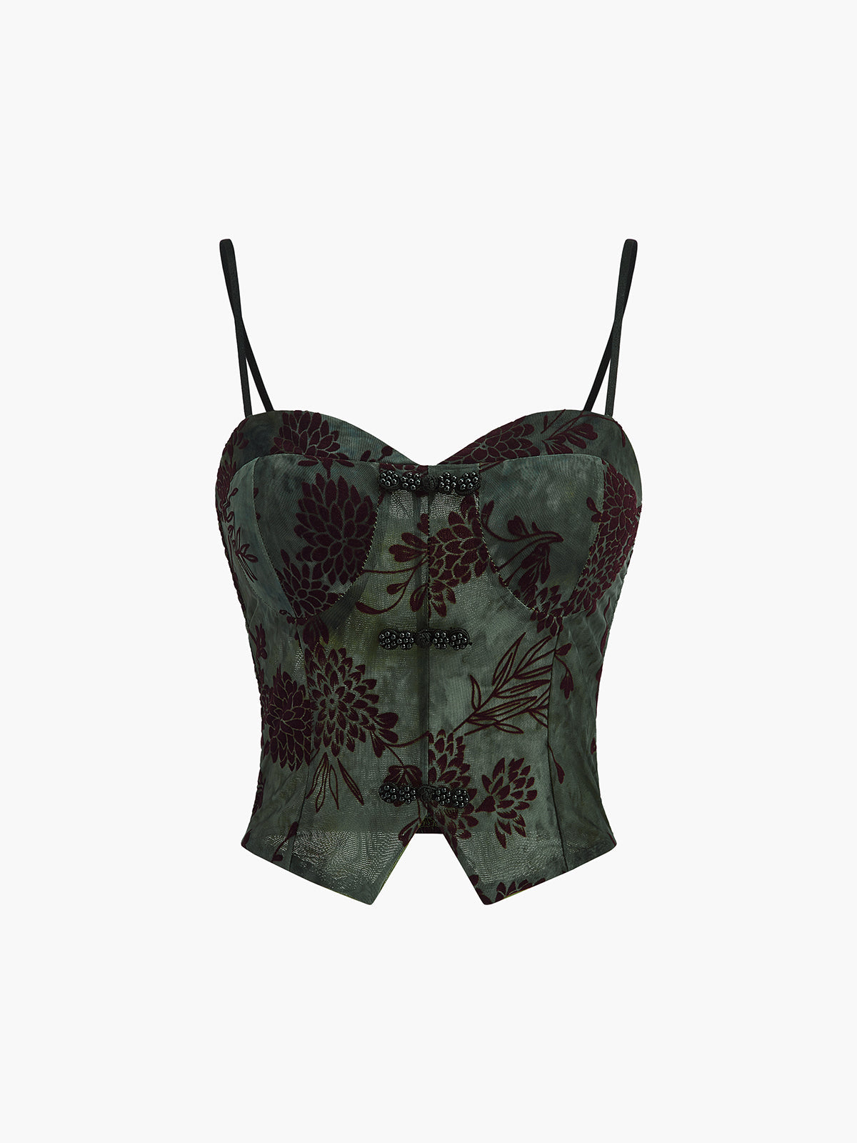 Yarı Şeffaf Düğme Detaylı Kadife Çiçekli Atlet Üst