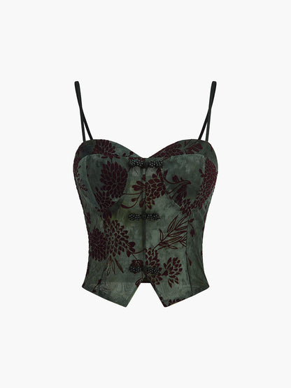 Yarı Şeffaf Düğme Detaylı Kadife Çiçekli Atlet Üst