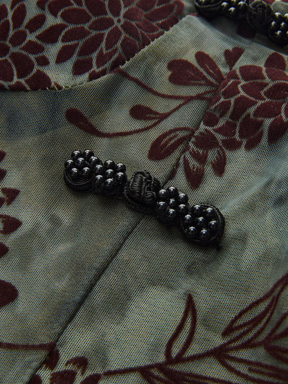 Yarı Şeffaf Düğme Detaylı Kadife Çiçekli Atlet Üst