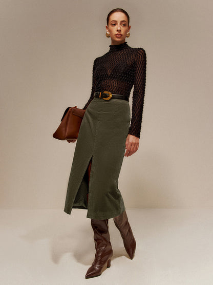 Önü Bölünmüş Kadife Etek Kemersiz