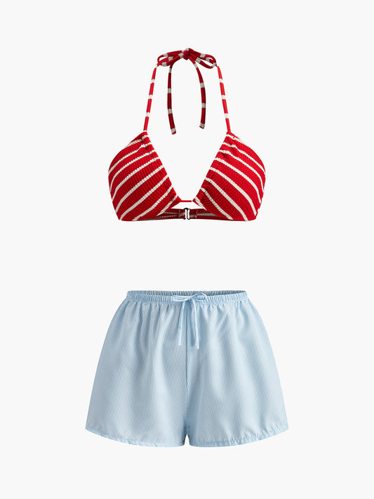 Çizgili Bikini Ve Eşleşen Şortlar