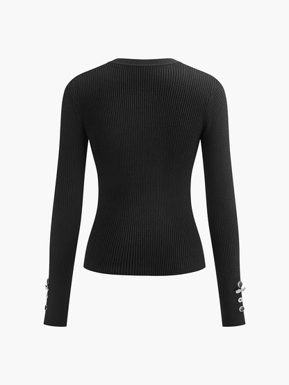 Geometrik Düğmeli Yivli Örgü Üst