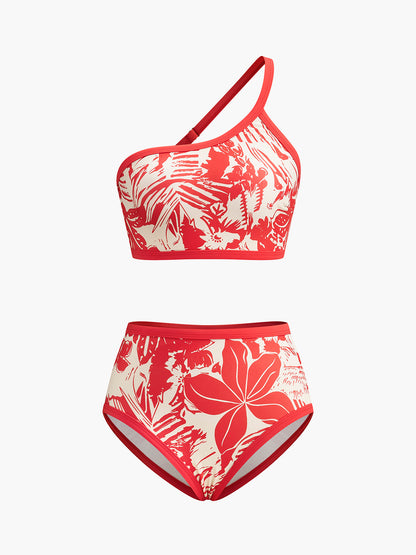 Tek Omuz Tropikal Baskılı Bikini Takımı