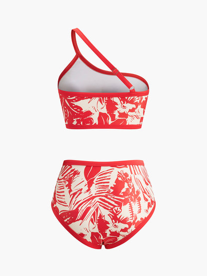 Tek Omuz Tropikal Baskılı Bikini Takımı