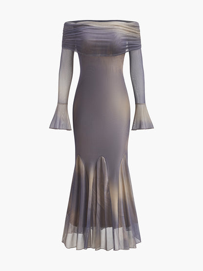 Yarı Şeffaf Omuz Açık Çan Kollu Elbise