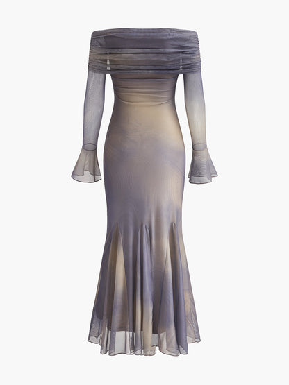 Yarı Şeffaf Omuz Açık Çan Kollu Elbise