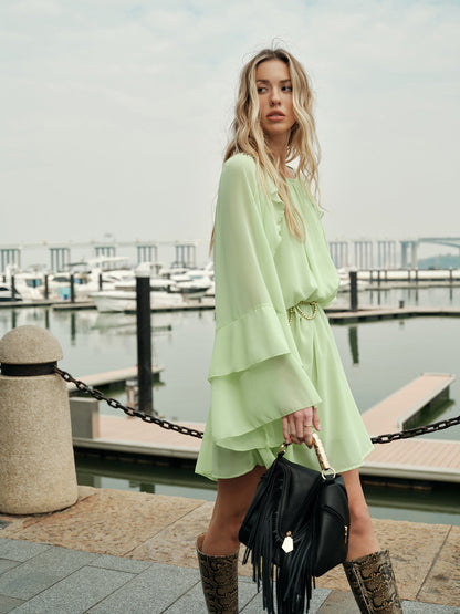 Yarı Şeffaf Volanlı Kollu Şifon Elbise Kemersiz