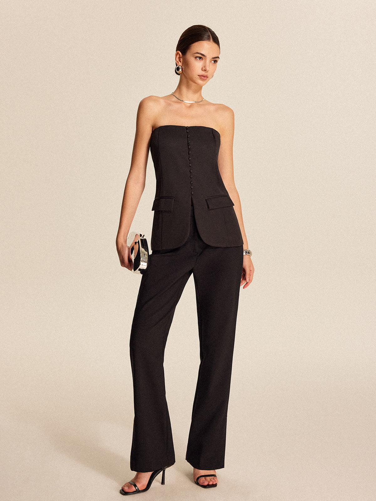 Straplez Önü Düğmeli Üst