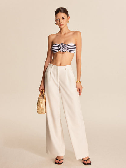 Çizgili Çiçek Detaylı Bandeau Bikini Takımı