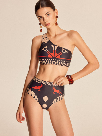 Tribal Baskılı Tek Omuz Bikini Takımı