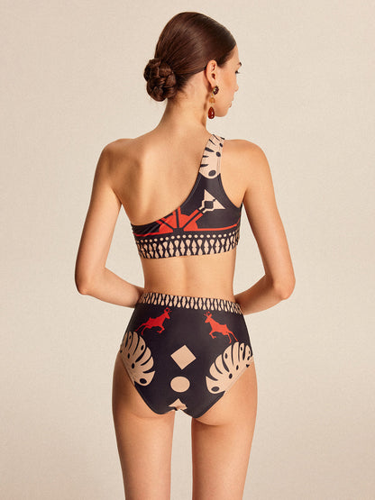 Tribal Baskılı Tek Omuz Bikini Takımı