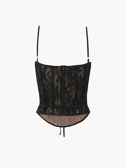 Yarı Şeffaf Kalp Yaka Dantel Bağcıklı Üst