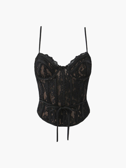 Yarı Şeffaf Kalp Yaka Dantel Bağcıklı Üst