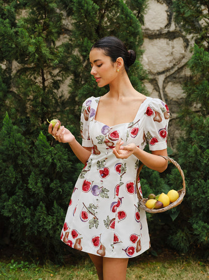 Meyve Desenli Düğmeli Ön Puf Kollu Elbise
