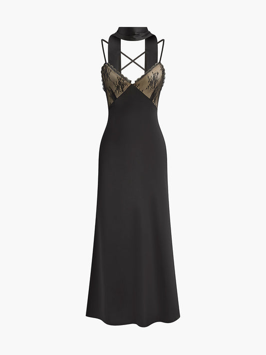 Sırtı Açık Uzun Kurdele Dantel Panel Saten Askılı Elbise