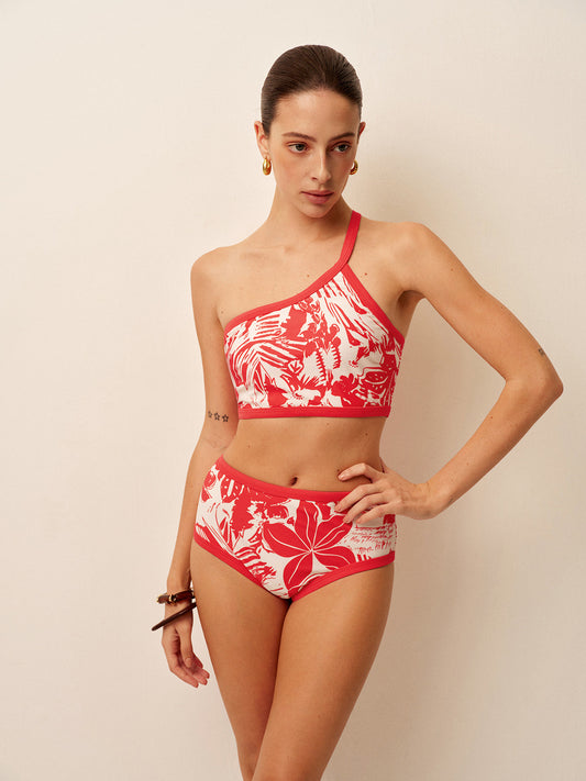 Tek Omuz Tropikal Baskılı Bikini Takımı
