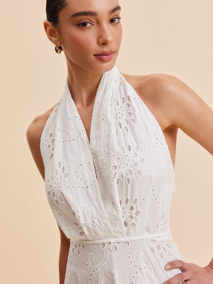 Halter Yaka Gözlü Kemerli Midi Elbise