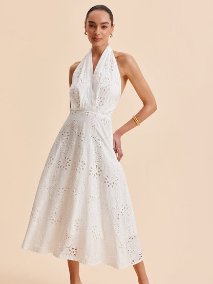 Halter Yaka Gözlü Kemerli Midi Elbise