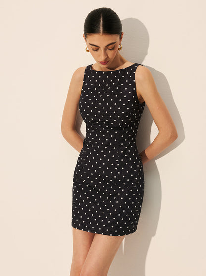 Polka Dot Fermuarlı Yuvarlak Yaka Kısa Elbise