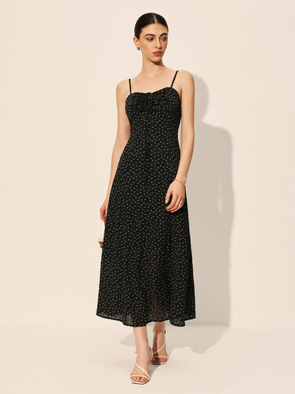 Polka Dot Fermuarlı Bağcıklı Elbise