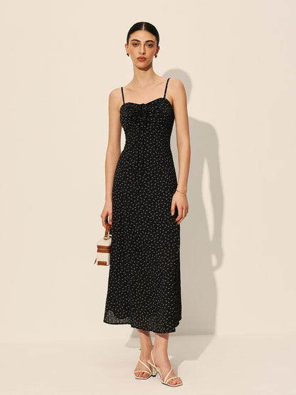 Polka Dot Fermuarlı Bağcıklı Elbise