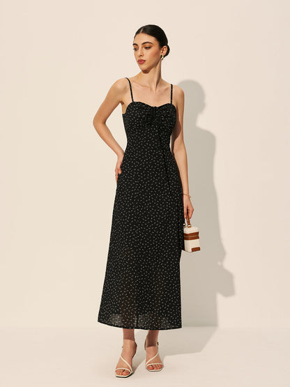 Polka Dot Fermuarlı Bağcıklı Elbise