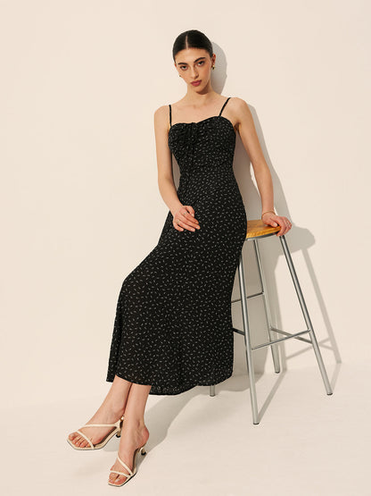 Polka Dot Fermuarlı Bağcıklı Elbise