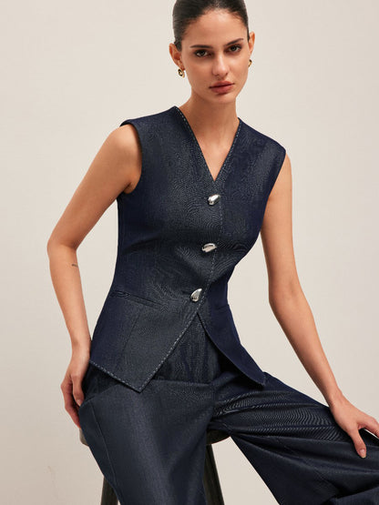 Kontrast Dikişli Düğmeli Peplum Yelek
