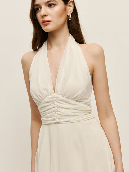 Halter Ayarlanabilir Askılı Fermuarlı V Yaka Uzun Elbise