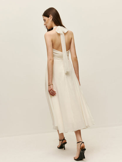 Halter Ayarlanabilir Askılı Fermuarlı V Yaka Uzun Elbise