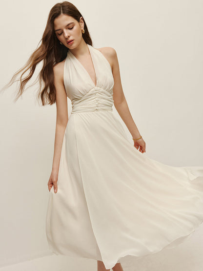 Halter Ayarlanabilir Askılı Fermuarlı V Yaka Uzun Elbise