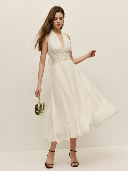 Halter Ayarlanabilir Askılı Fermuarlı V Yaka Uzun Elbise