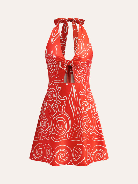 Halter Bağcıklı Baskılı Elbise