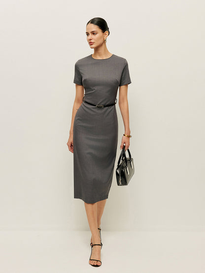 Kemerli Kısa Kollu Kalem Elbise