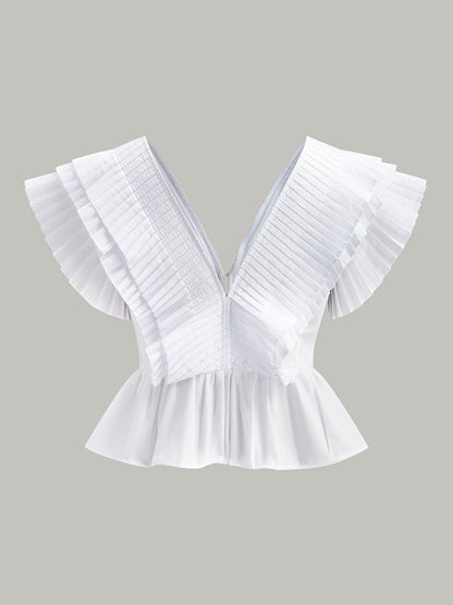 Pliseli V Yaka Düğme Detaylı Üst