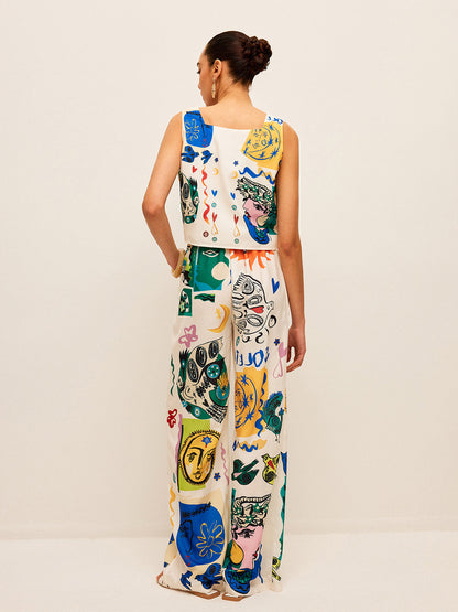 Grafik Baskılı Crop Top Geniş Paça Pantolon Takımı