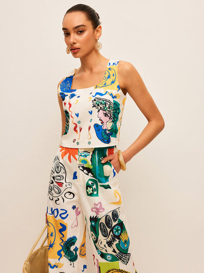 Grafik Baskılı Crop Top Geniş Paça Pantolon Takımı