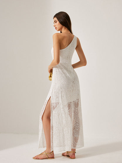 Yarı Şeffaf Dantel Tek Omuzlu Elbise